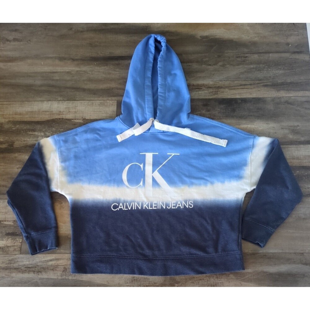 Calvin Klein Jeans Women's Monogram Logo Tie Dye Block Hoodie Size Medium Blue